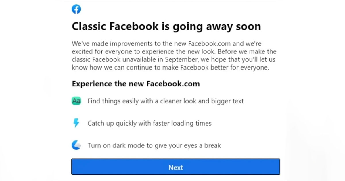 Classic interface එක සැප්තැම්බරයේ සිට අත්හිටුවන බව Facebook සමාගම දැනුම් දේ