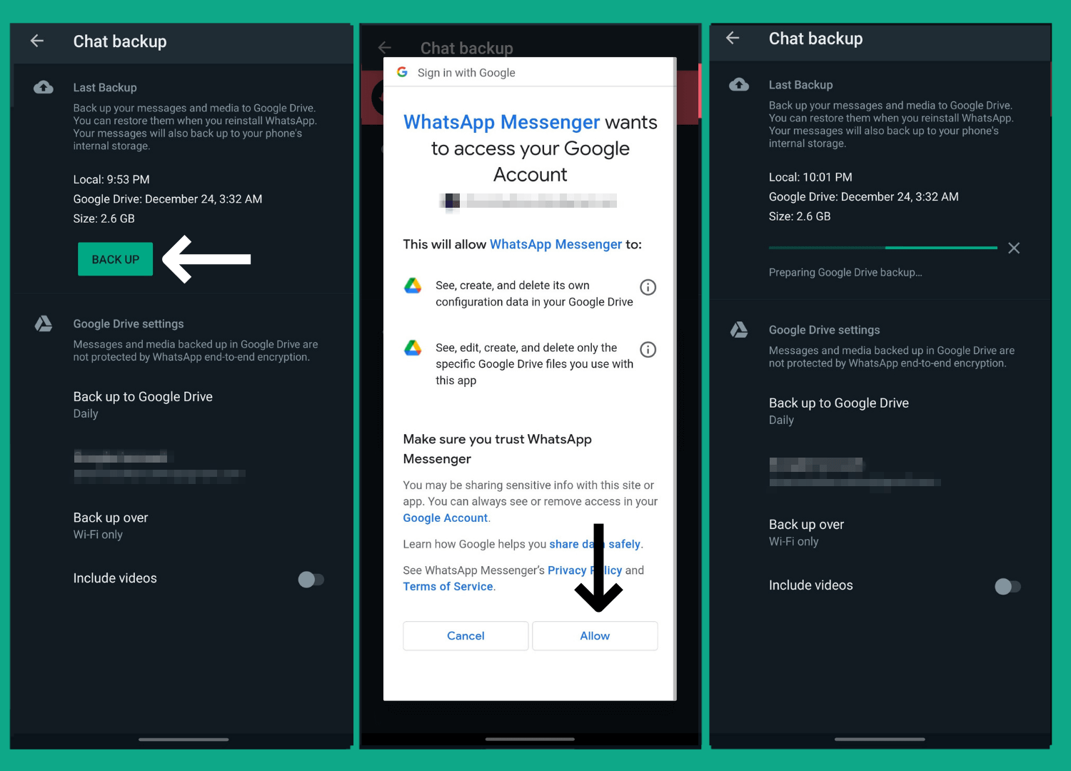 Turning on Backup for WhatsApp